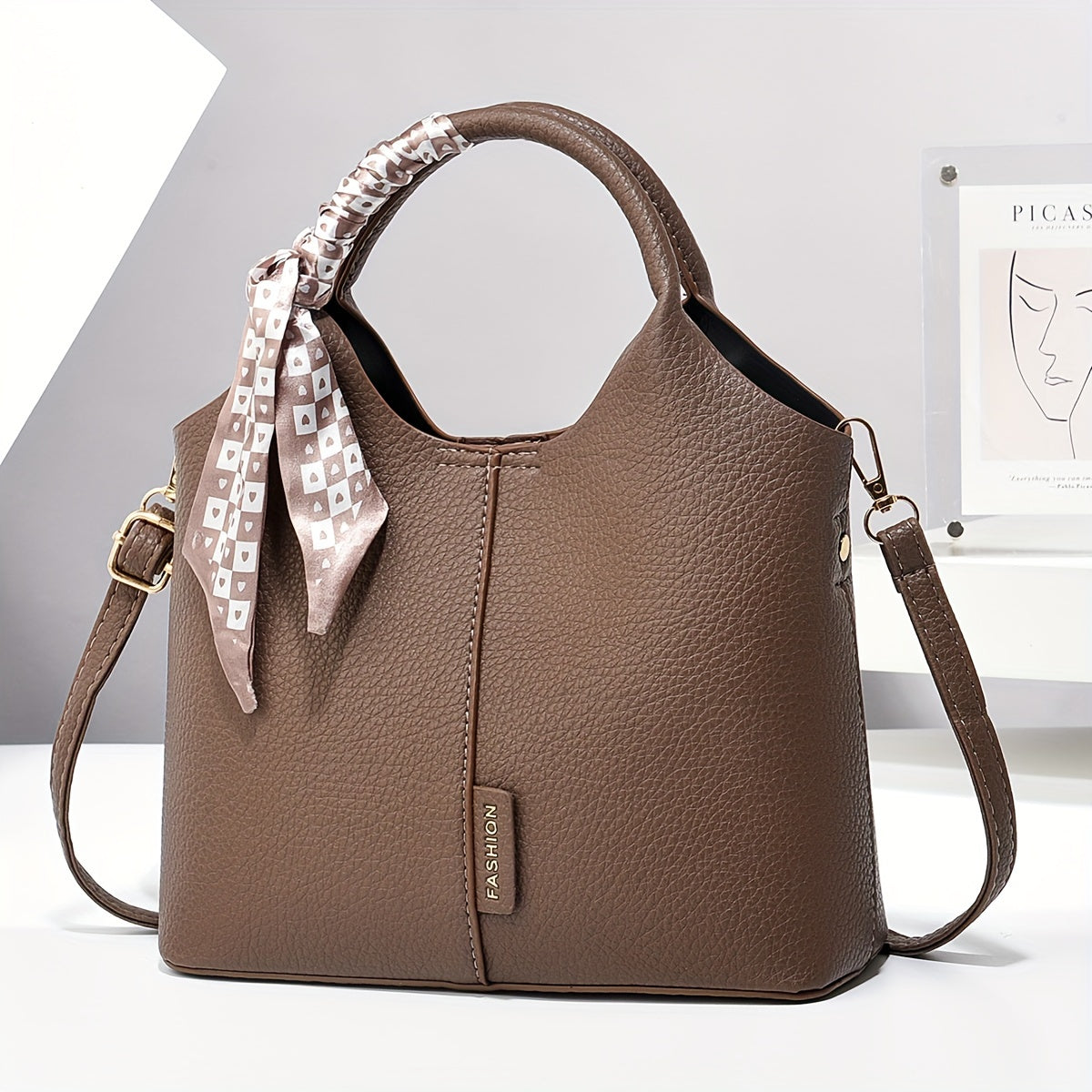 Винтажная сумка-ведро со шарфом, большая вместимость, сумка через плечо, регулируемый ремень, застежка на молнии, складная и без подкладки с окрашенными краями, подходит для бизнеса, свиданий и путешествий.