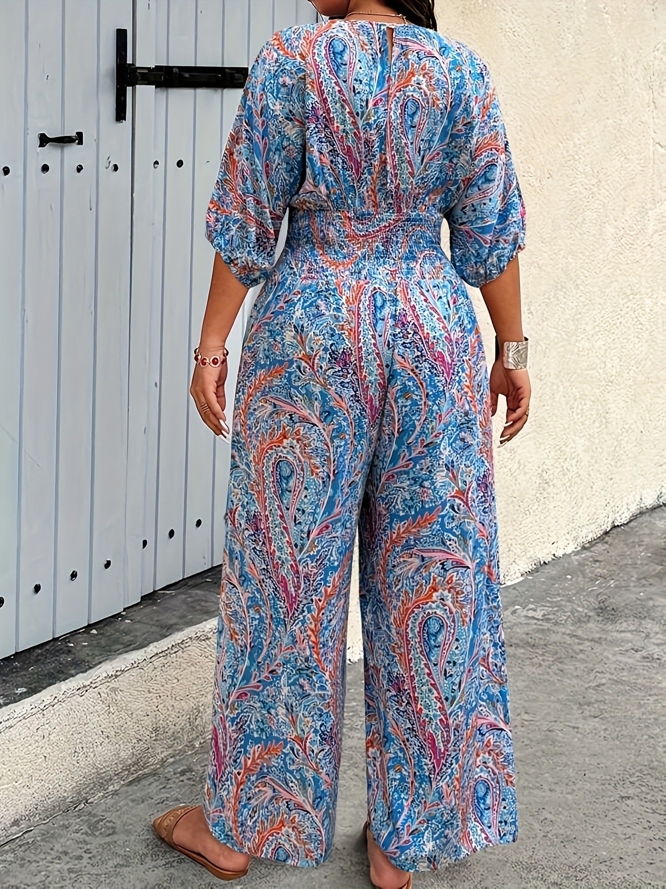 Plus Size Women's Bohemian Print Waist-Cinched Jumpsuit