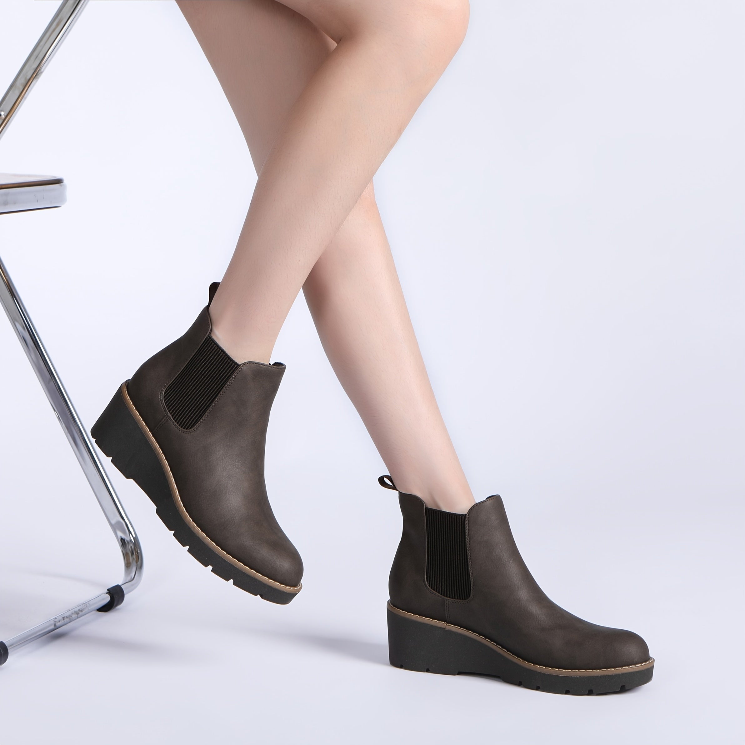 Women's Wedge Chelsea Boots Slip-On Platform Lug Sole Ankle Casual Leather