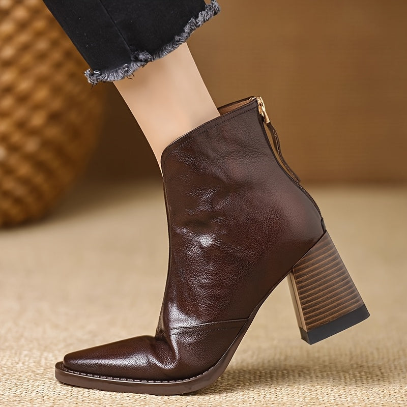 Women's Faux Leather Chunky Block Heel Ankle Boots Brown Zipper Non-Slip