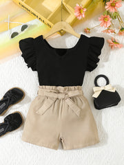 Girls Summer Shorts and Top Set with Lace-Up Sleeveless Top and Belt Shorts