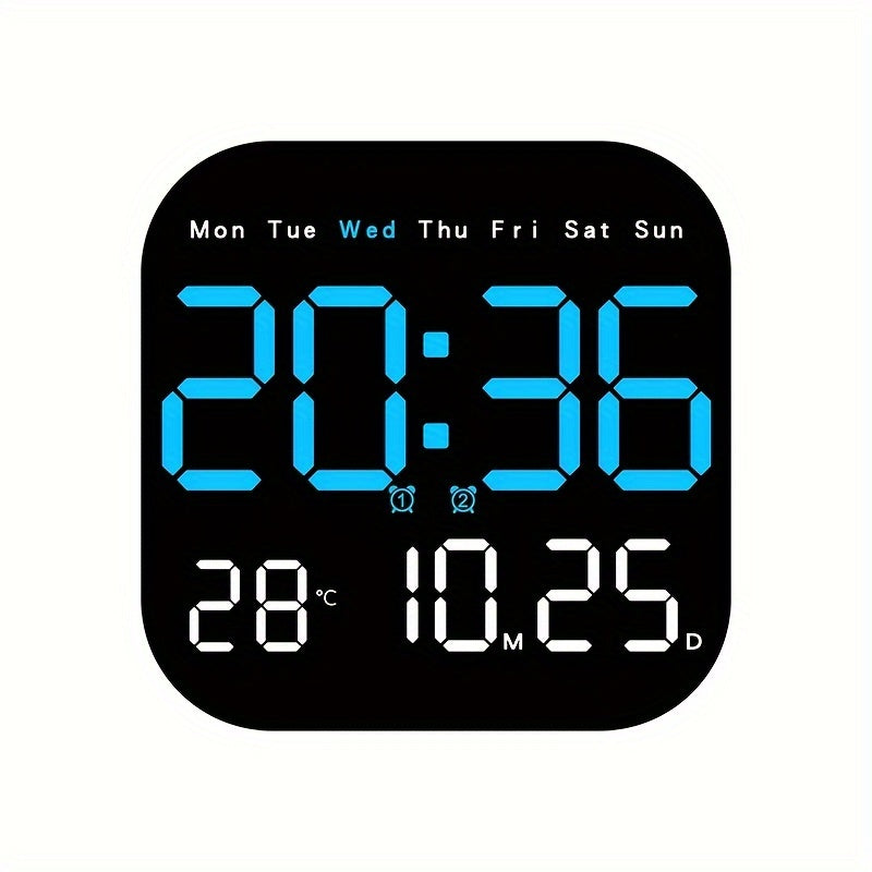 Remote-Controlled LED Wall Clock USB Rechargeable Alarm Temperature Calendar for Bedroom