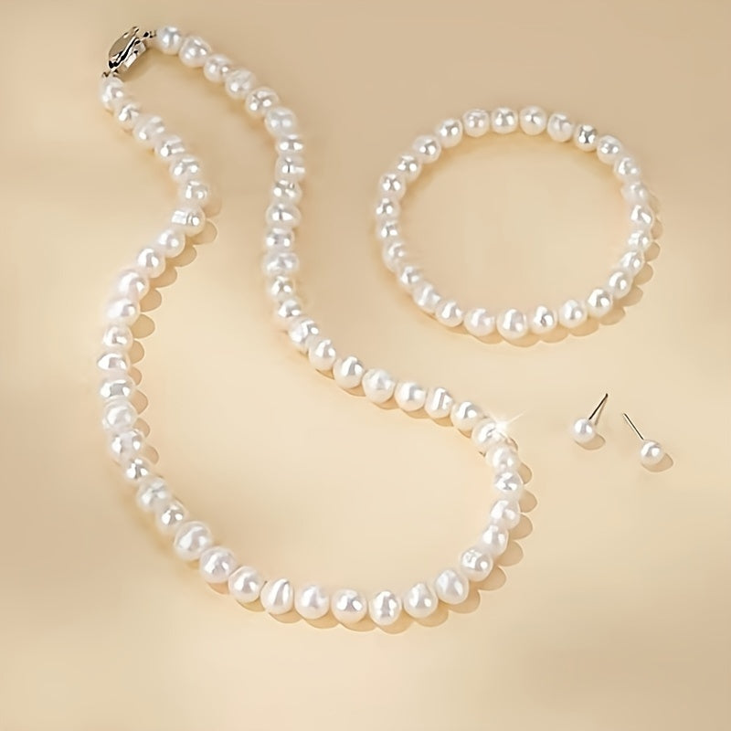 Women’s Freshwater Pearl Jewelry Set Necklace Bracelet Earrings Elegant Gift