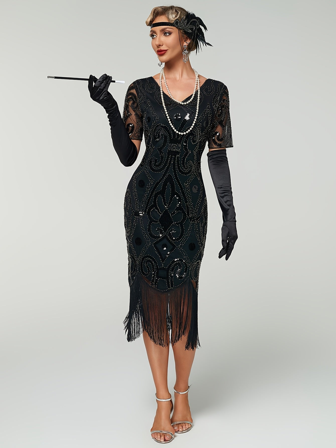 Plus Size 1920s Sequin Gatsby Party Dress Short Sleeve Evening Gown