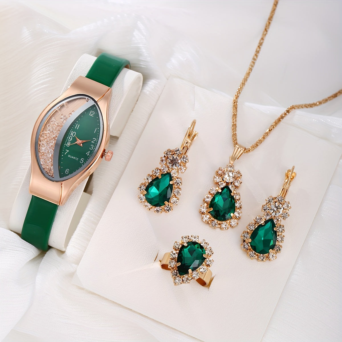 Set of 5 Women's Quicksand Oval Pointer Quartz Watches with Analog Display PU Leather Jewelry Set