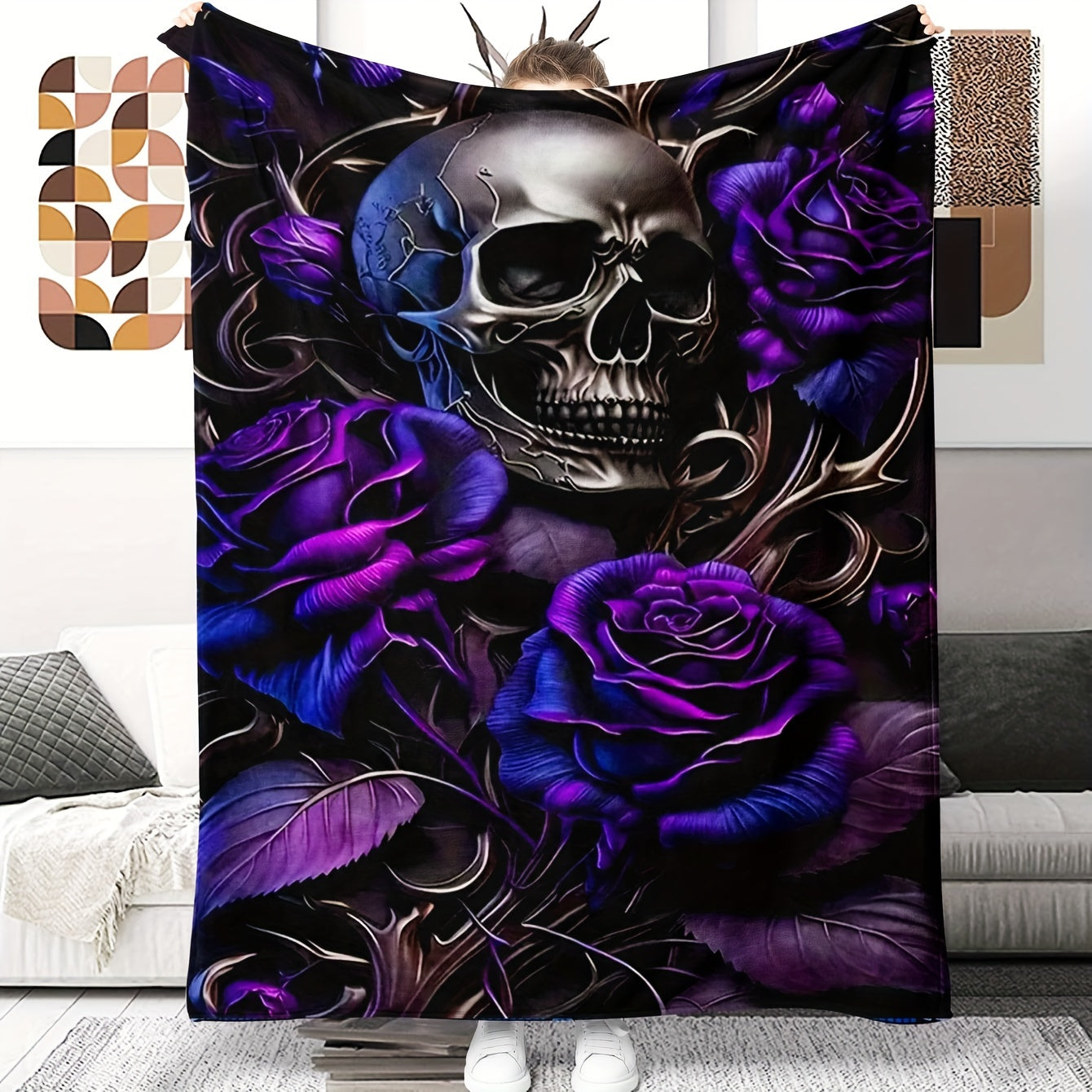 Hypoallergenic Flannel Throw Blanket with Skull and Roses Print for Adults and Kids