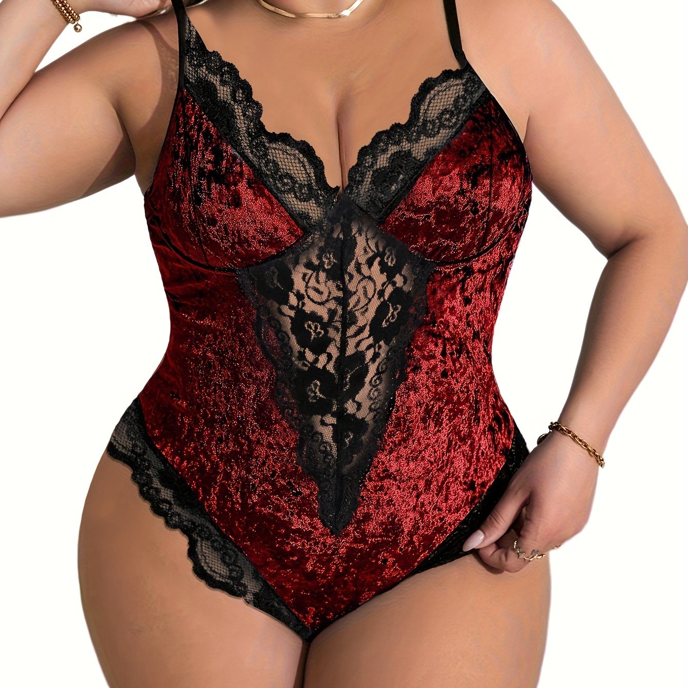 Боди из голубого бархата больших размеров с кружевом и боковой молнией для женщин