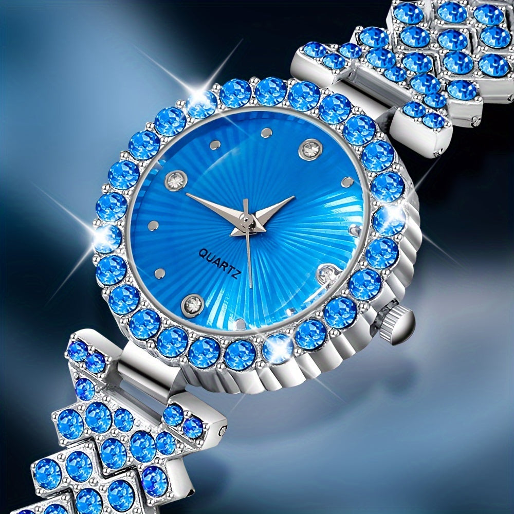 Women's Quartz Watch and Heart-Shaped Gemstone Jewelry Set in Blue Crystal with Zinc Alloy Band