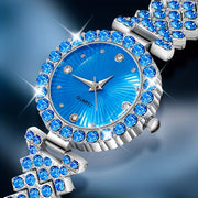 Women's Quartz Watch and Heart-Shaped Gemstone Jewelry Set in Blue Crystal with Zinc Alloy Band