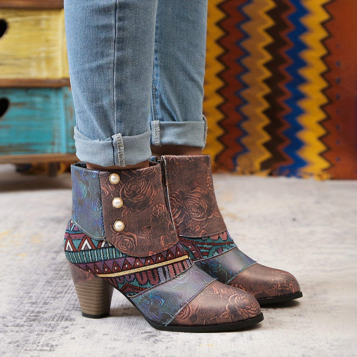 Women Bohemian Ankle Boots Fabric Insole Block Heel with Floral Patterns