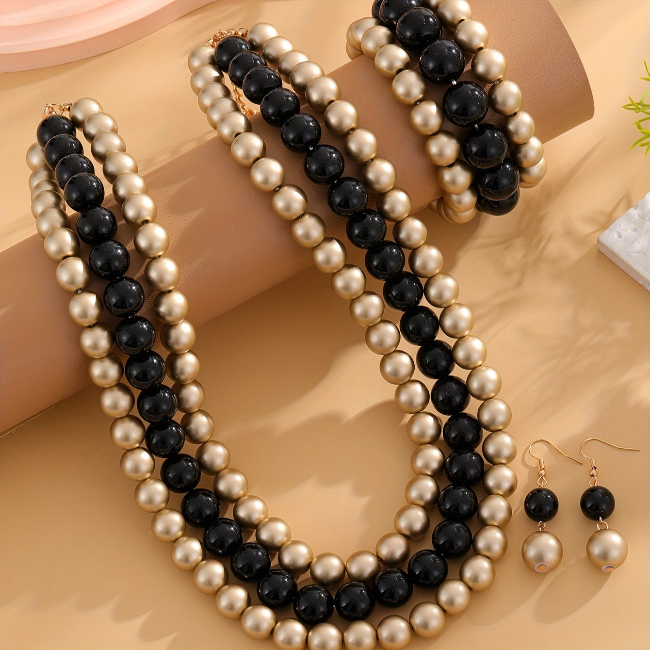Matte Gold and Black Bead Jewelry Set for Women Necklace Bracelet Earrings Wedding Accessories