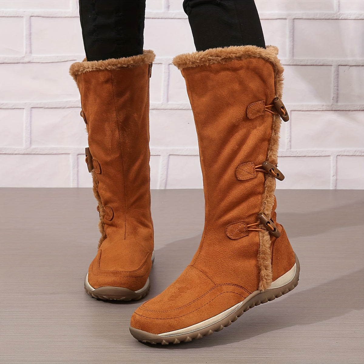 Women's Plush Lined Mid Calf Boots Thermal Snow Boots with Side Zipper