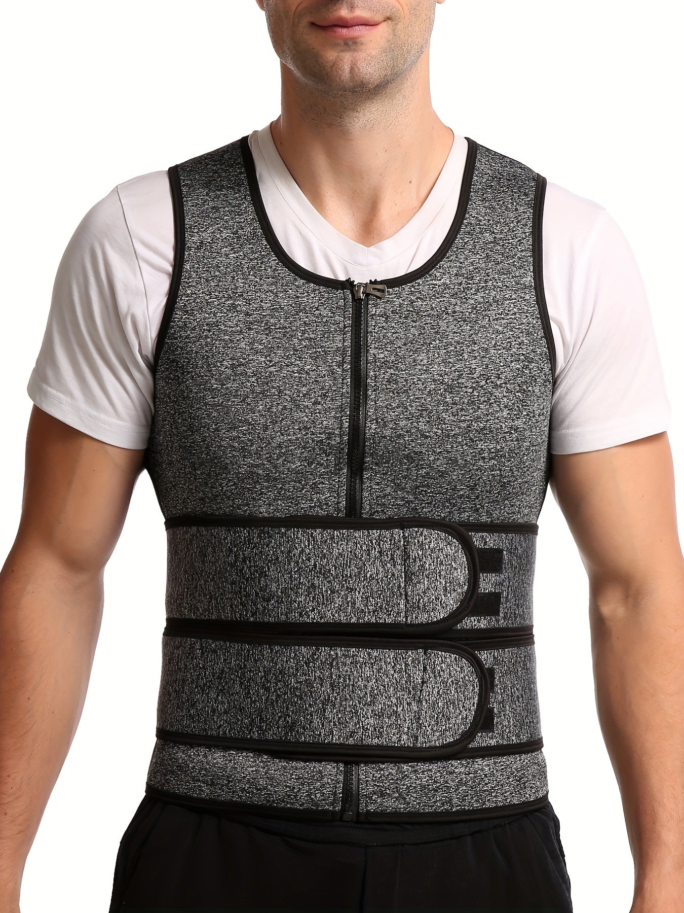 Men's Gray Neoprene Double Belt Shapewear Vest for Sweat and Body Shaping