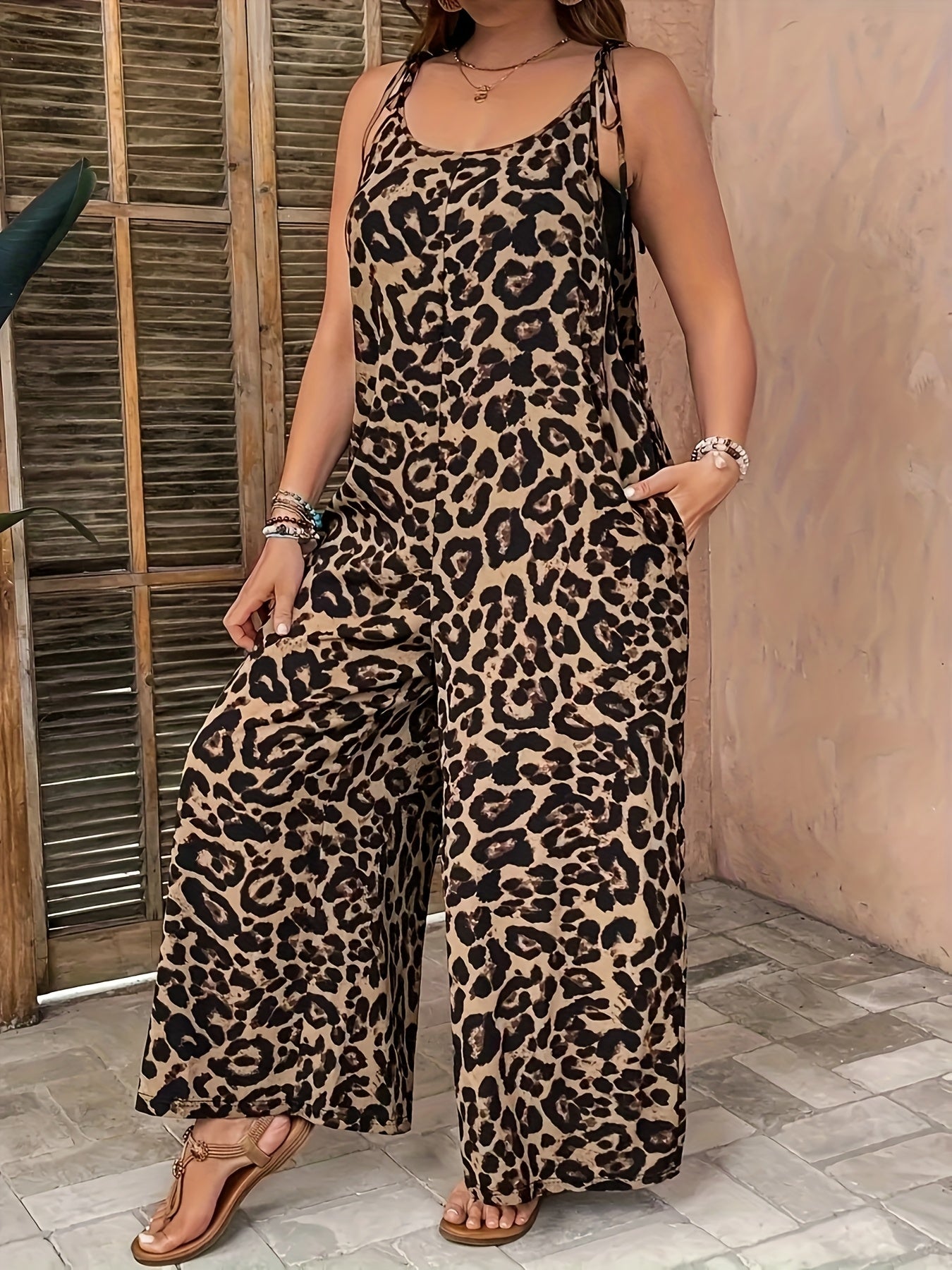 Plus Size Women's Leopard Print Jumpsuit With Pockets and Wide Leg Style