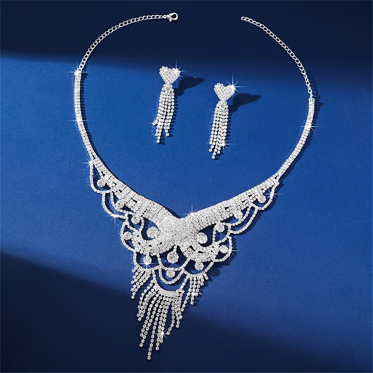 Luxury Silver Tassel Jewelry Set with Rhinestone Earrings for Women