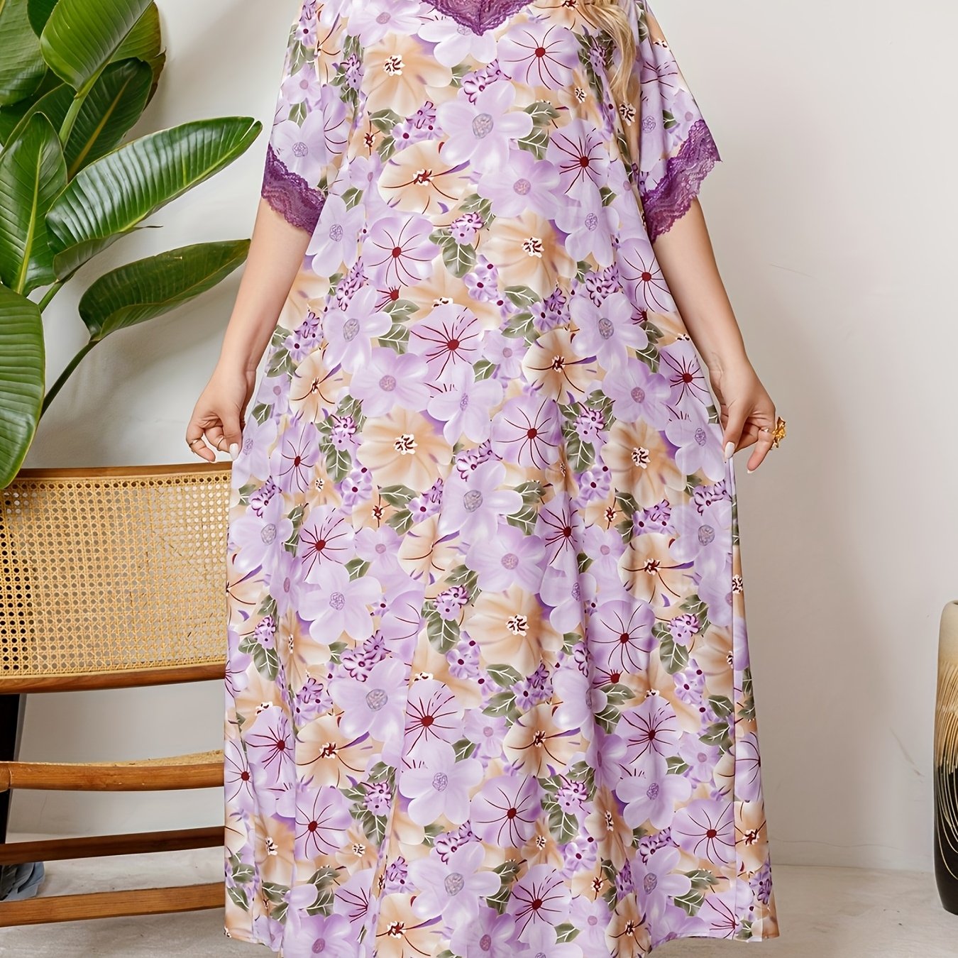 Plus Size Floral V-Neck Tunic Dress with Lace Details Polyester Woven All-Season