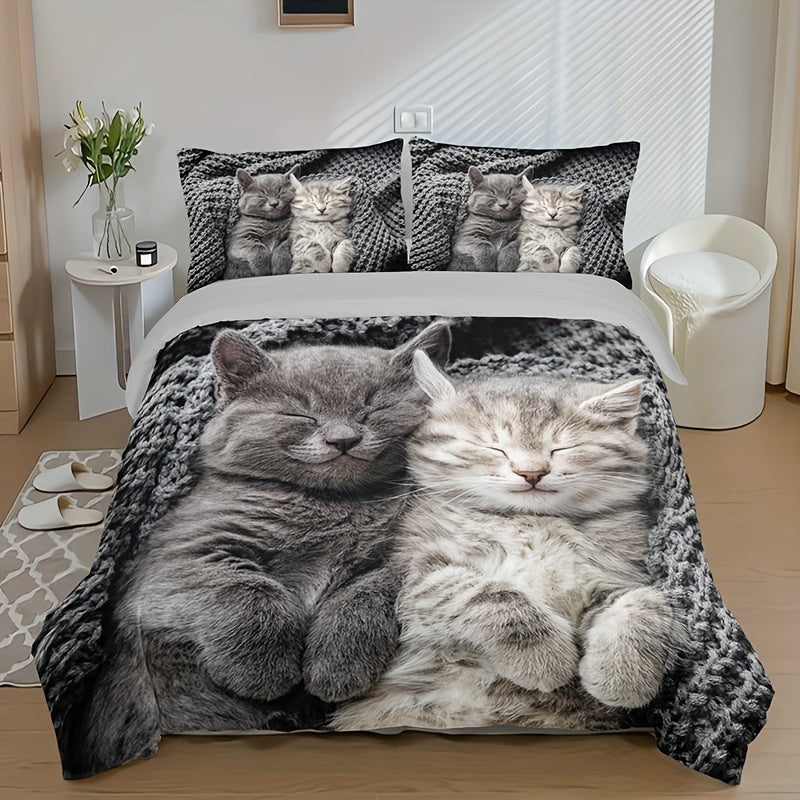 Cute Cat Print Duvet Cover Set 3 Pieces Soft Breathable Polyester All Seasons