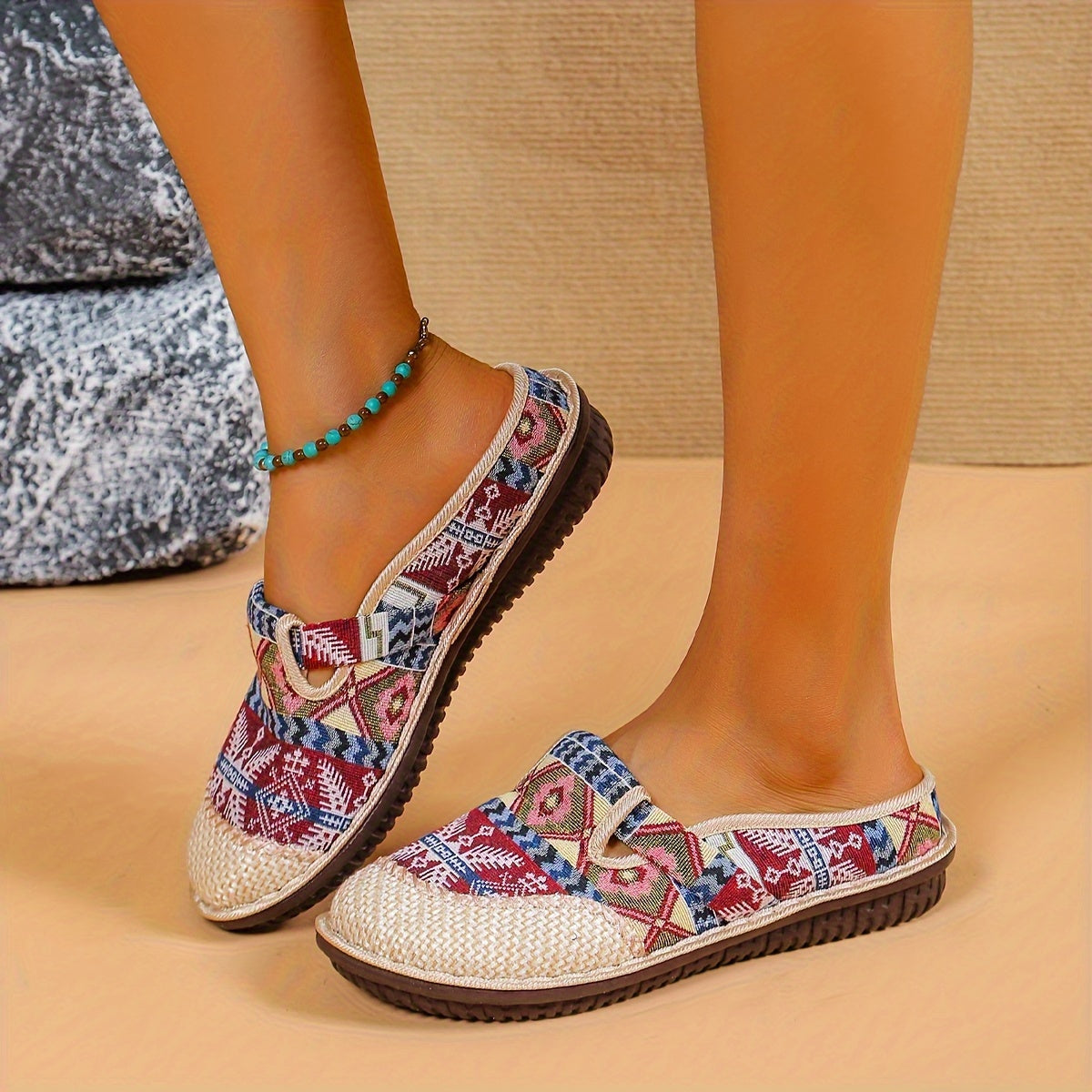 Women's Geometric Linen Mules with Round Toe Non-slip Flat Shoes