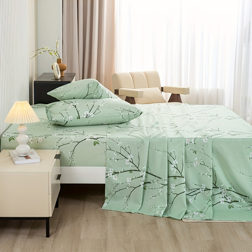 Floral Branch Microfiber Fitted Sheet Set with Deep Pockets and Pillowcases