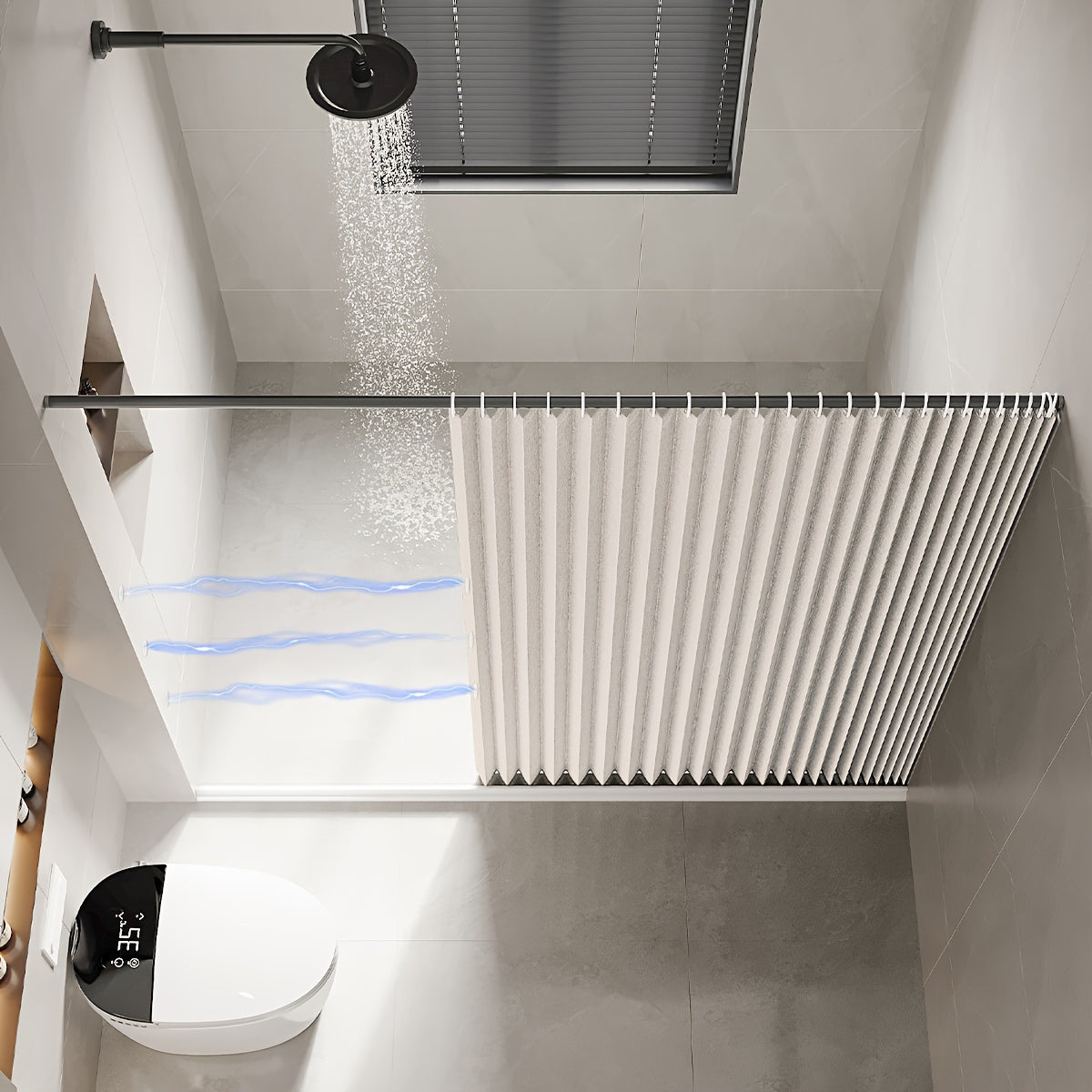 Suv o'tkazmaydigan, magnit so'rish bilan egiluvchan dush pardasi, hammom tualetini ajratish uchun ideal. Quruq va namni ajratish va teshik dizayni bilan osongina osish.