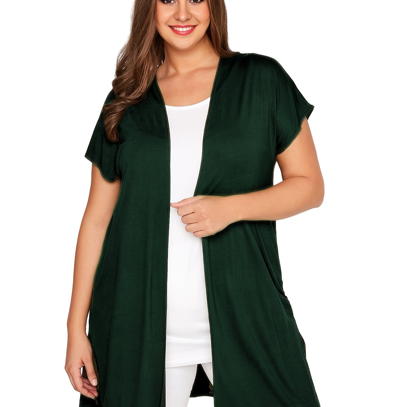 Plus o'lchamdagi ayollar uchun kundalik kardigan qisqa qo'lli va yon bo'laklar bilan