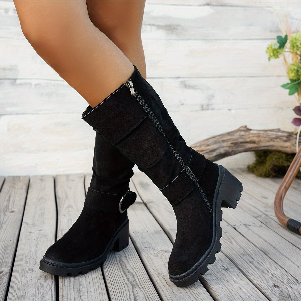 Women's Black Round Toe Mid-Calf Western Boots with Chunky Heel