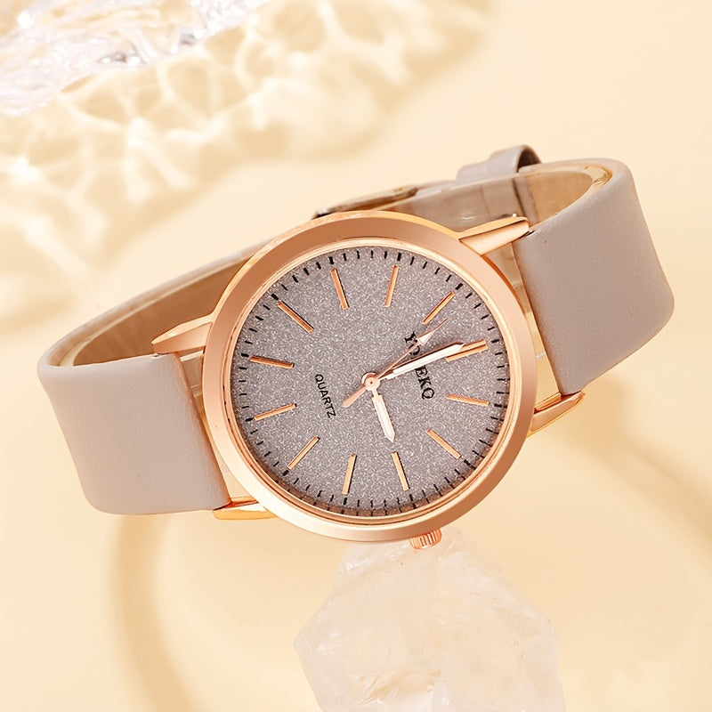 Women's Quartz Watch Set with Heart Jewelry, 6-Piece, Faux Leather Strap