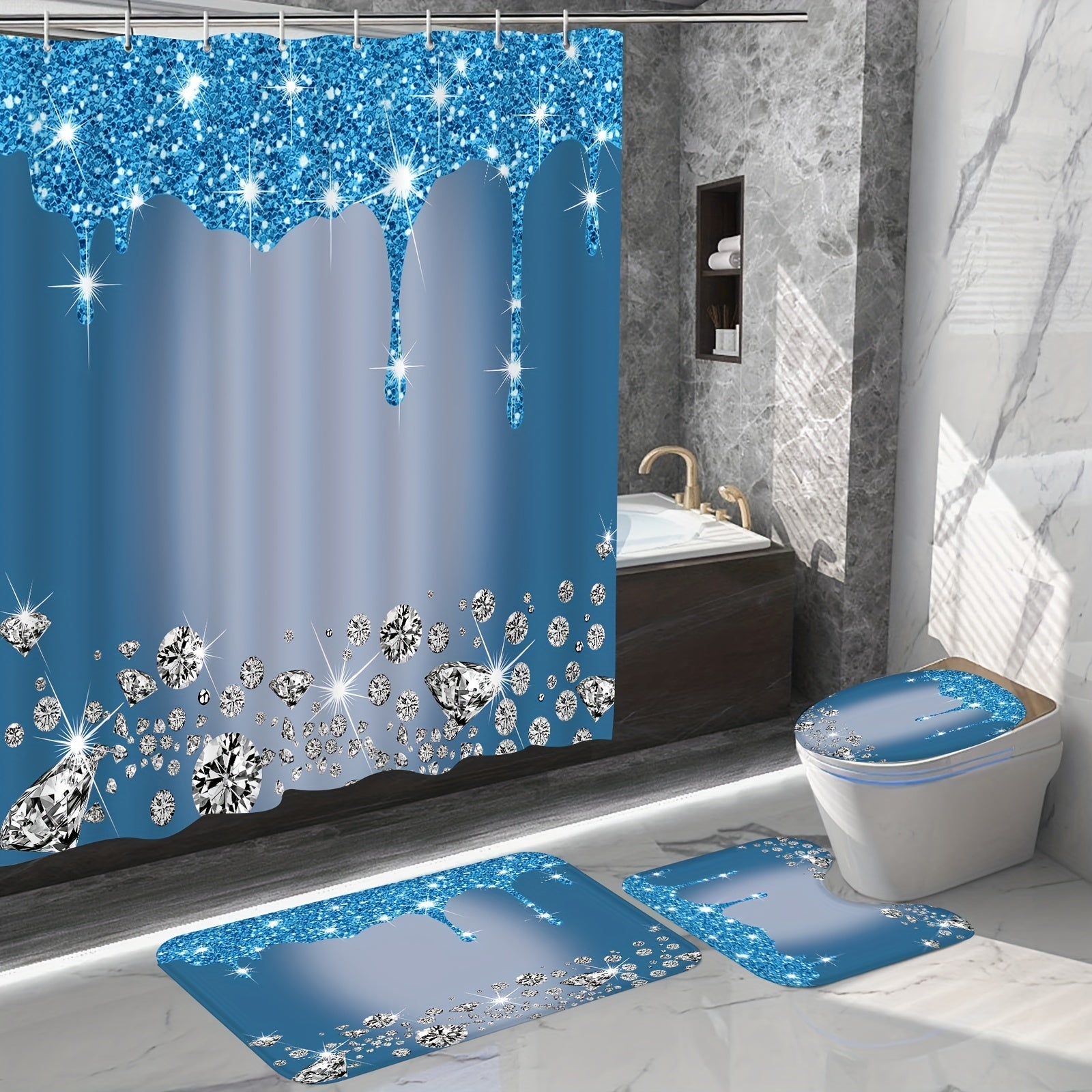 4-Piece Bathroom Set with Diamond Shower Curtain, Non-Slip Rugs, Toilet Cover Mat and Room Partition