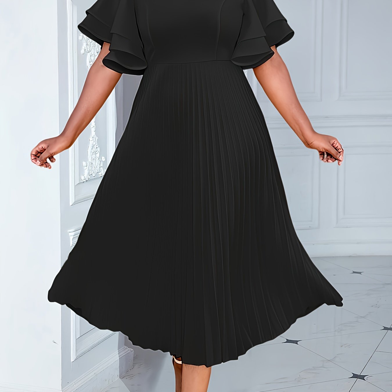 Women's Flare Sleeve Pleated Party Dress Solid Color A-Line Midi