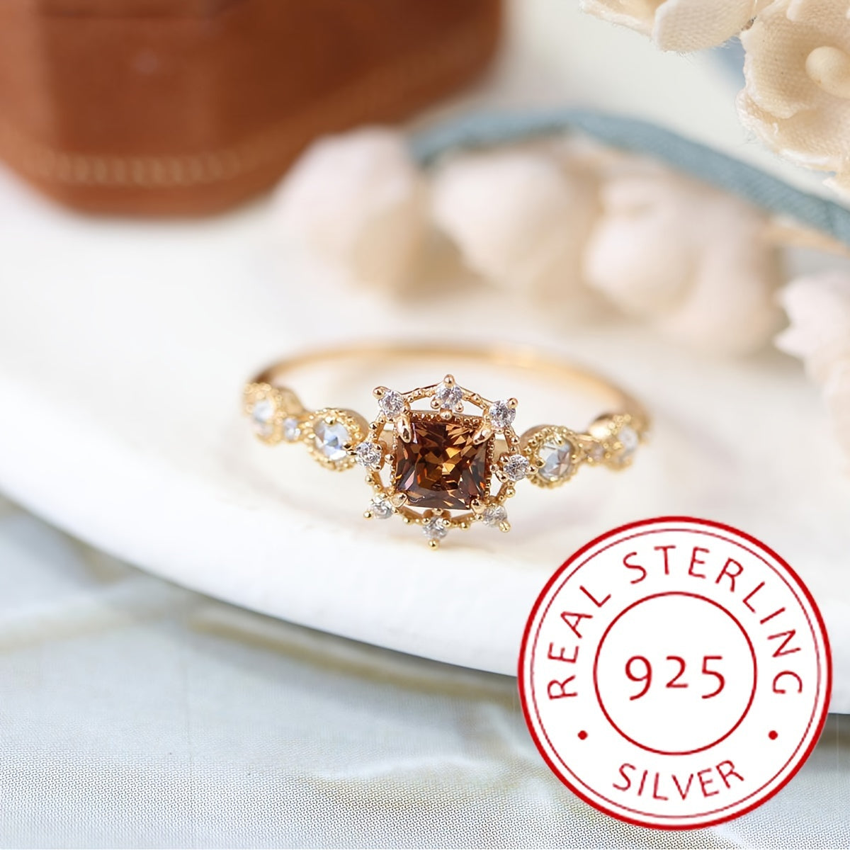 Murakkab 3.1g Oltin qoplamali 925 Sterling Kumush Shampan va Olmos Halqa - Geometrik Qahva Dizayni, Sintetik Dekabr Tug'ilgan Kuni To'pi, U uchun Ideal 14 Fevral Hediye