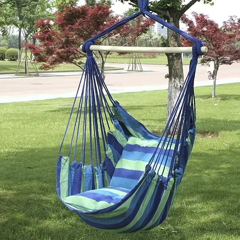 Blue and Green Striped Hammock Chair with Wooden Rod for Indoor Outdoor Relaxation