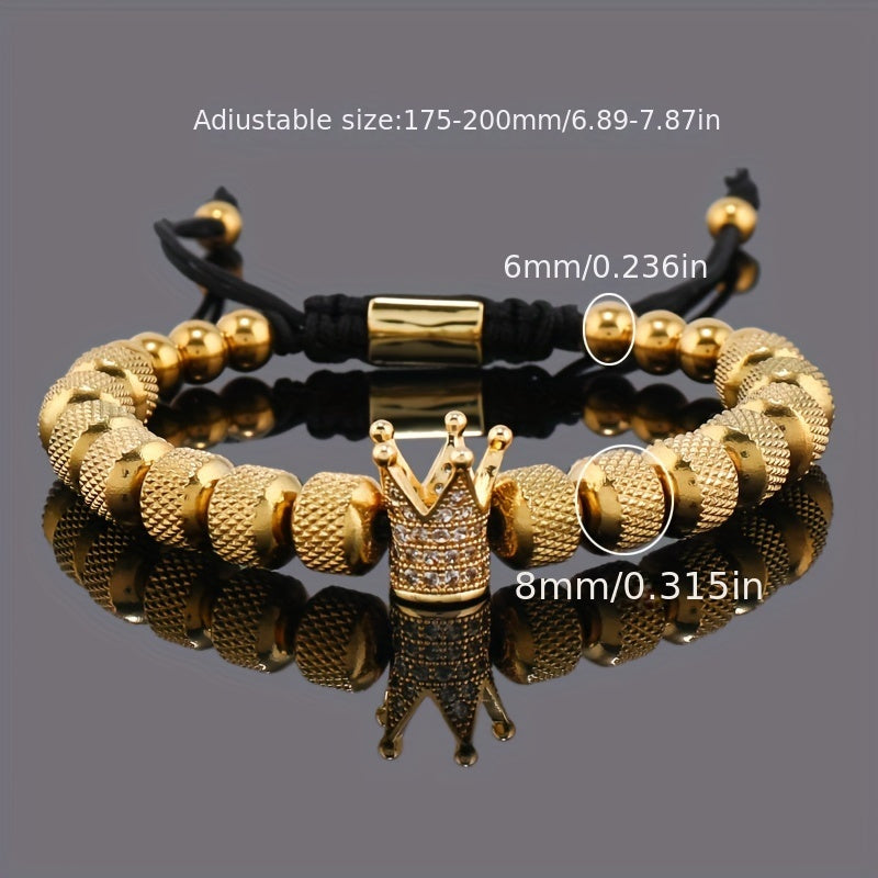 Luxury CZ Royal Golden Crown Beads Stainless Steel Men's Bracelet Jewelry Gift