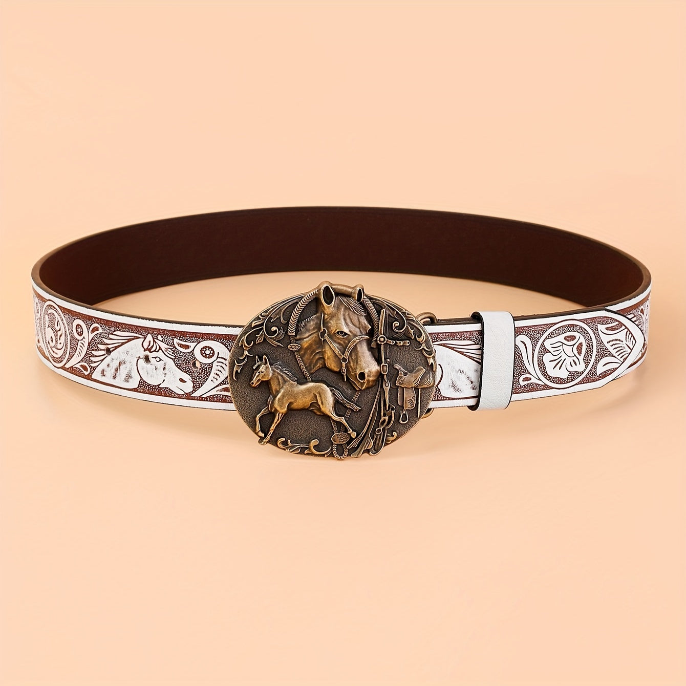Western-Style Leather Belts for Men and Women Carved Buckle Embossed Solid Colors