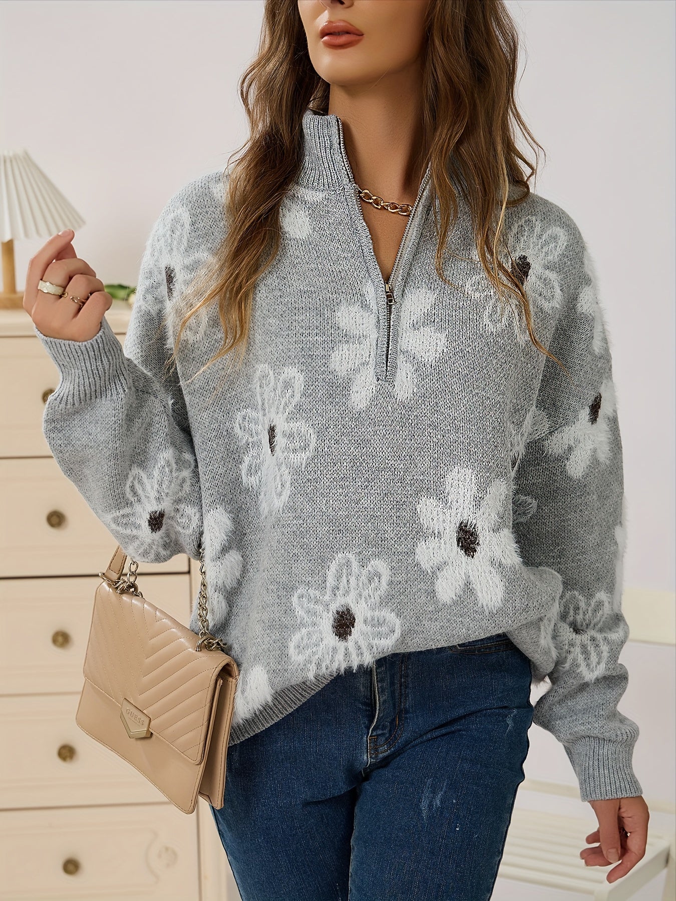 Women's Floral Pattern Zip Sweater Long Sleeve Casual Pullover for Autumn Winter