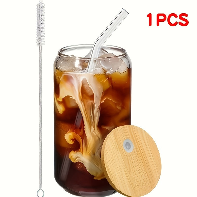 Set of Drinking Glasses with Bamboo Lids and Glass Straws 16oz Can Shaped Cups for Beer Iced Coffee Cocktails