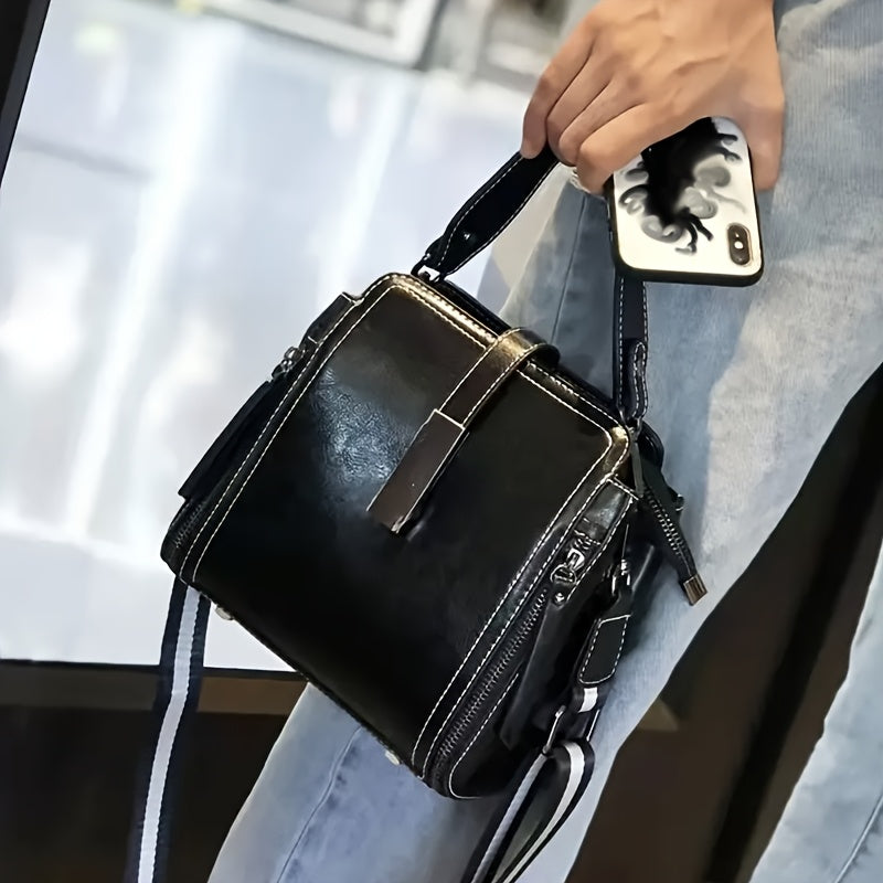 Women's Leather Shoulder Bag with Removable Strap Zipper Closure Edge Paint in Black Coffee Light Brown