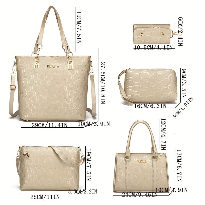 Five-Piece Faux Leather Handbag Set for Women Tote Satchel Crossbody Shoulder Wallet