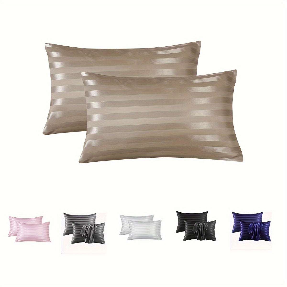 Set of 2 Satin Pillowcases with Envelope Closure Striped Pattern Ultra-Soft Woven Fabric for Hair and Skin