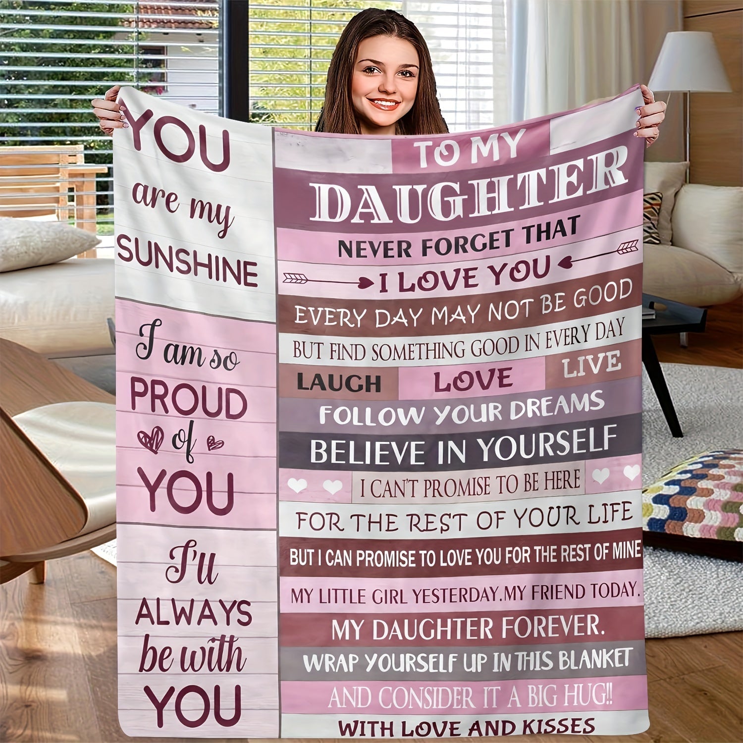 All-Season Flannel Throw Blanket with Lodge Style Design and Inspirational Message for Daughters