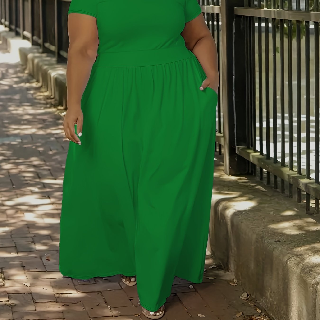 Plus Size Solid Maxi Dress with Short Sleeves, Medium Stretch, Crew Neck