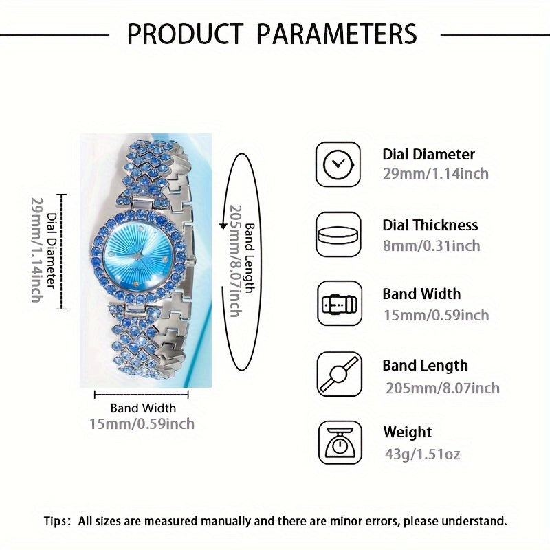 Women's Quartz Watch and Heart-Shaped Gemstone Jewelry Set in Blue Crystal with Zinc Alloy Band