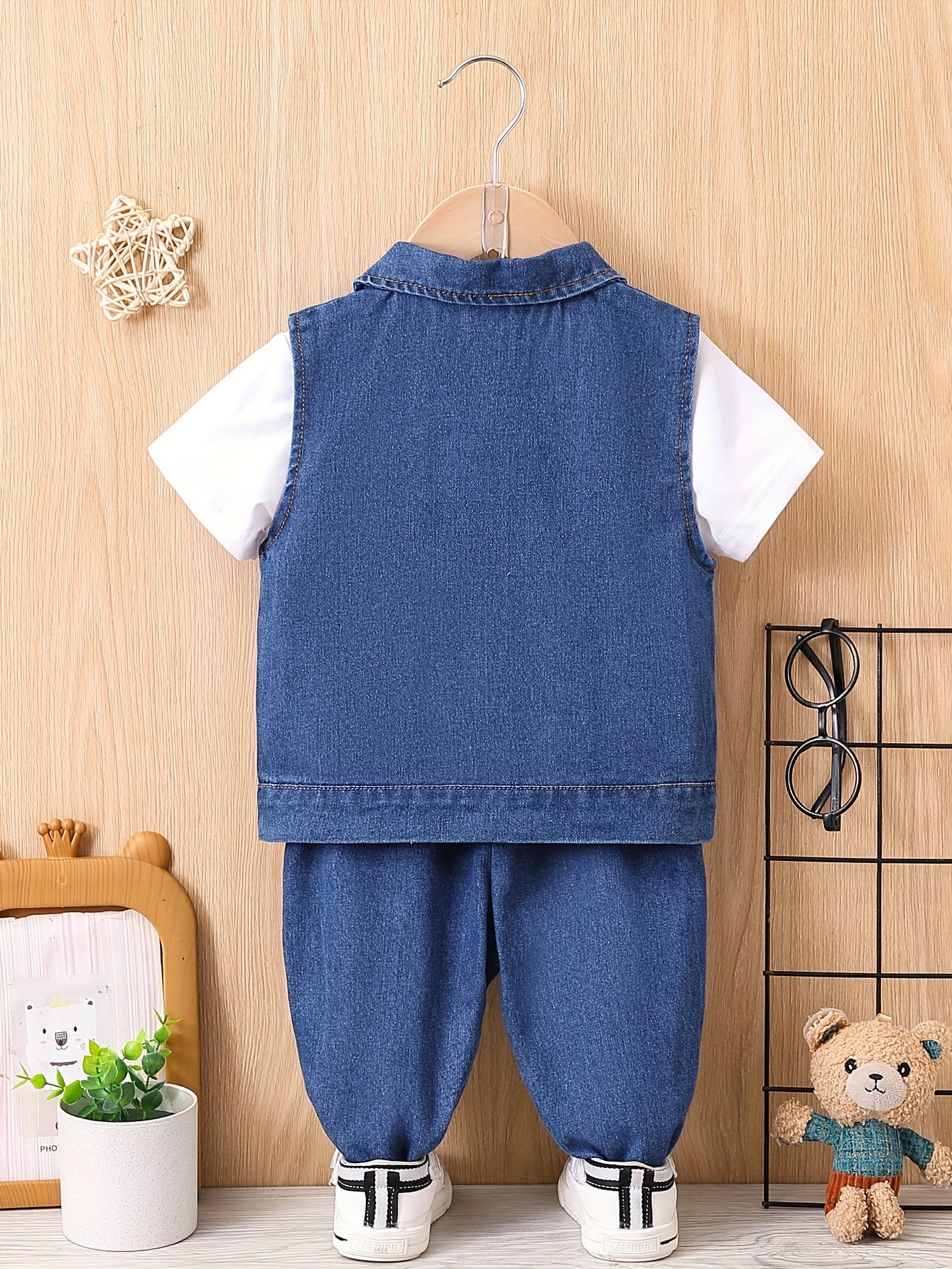 Boys' Denim Outfit with Letter Embroidery Vest T-Shirt and Pants Spring Summer