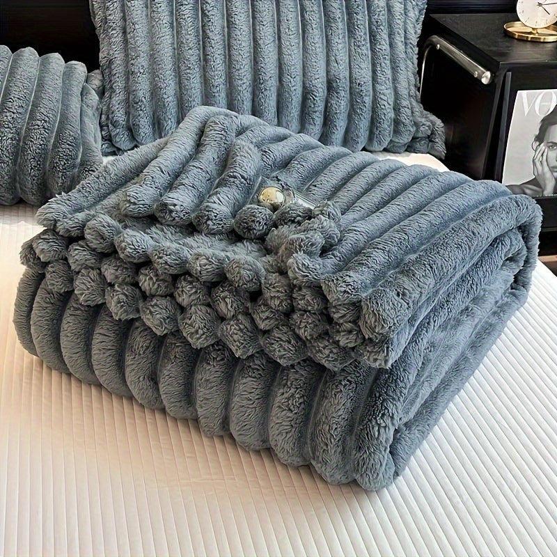 Ultra-Soft Faux Rabbit Fur Throw Blanket with Stripes, Machine Washable, Non-Shedding