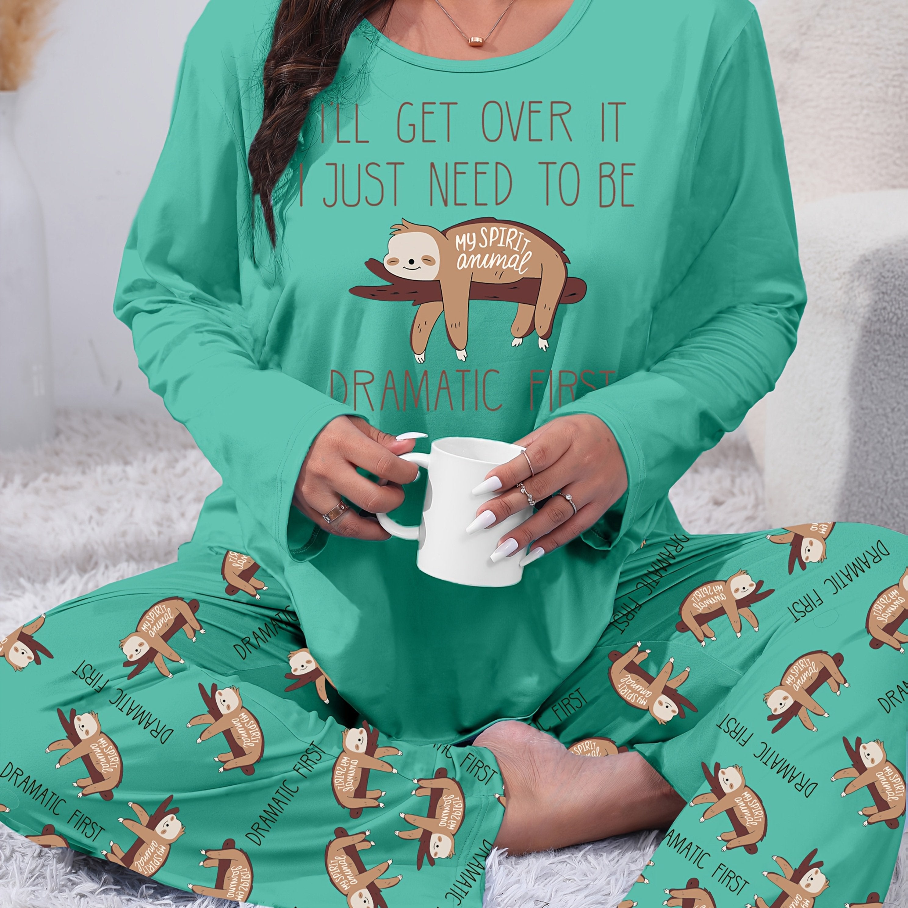 Plus Size Women's Pajama Set Soft Polyester Otter Print Long Sleeve Pants