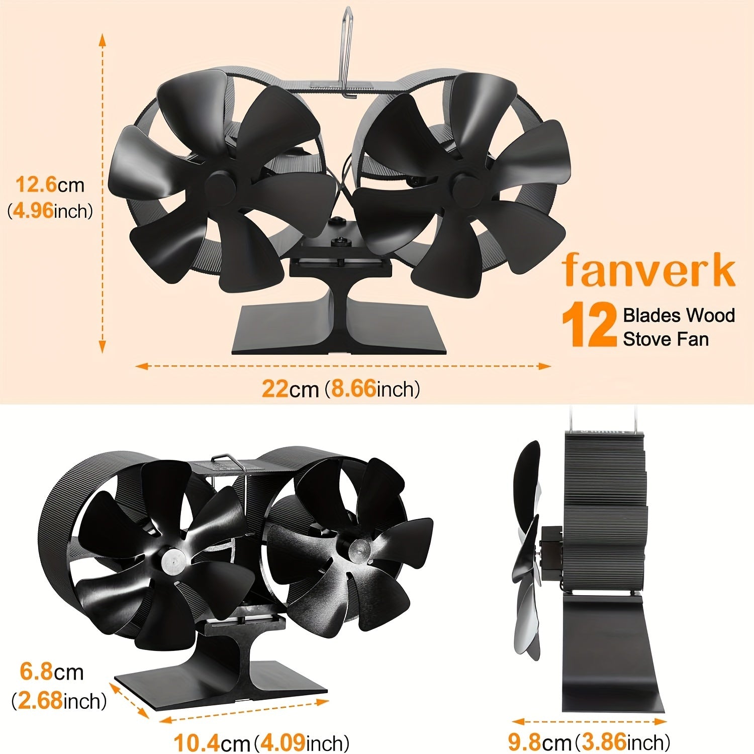 Polished Aluminum Wood Stove Fan 12 Blades High-Speed Air Circulation No Electricity