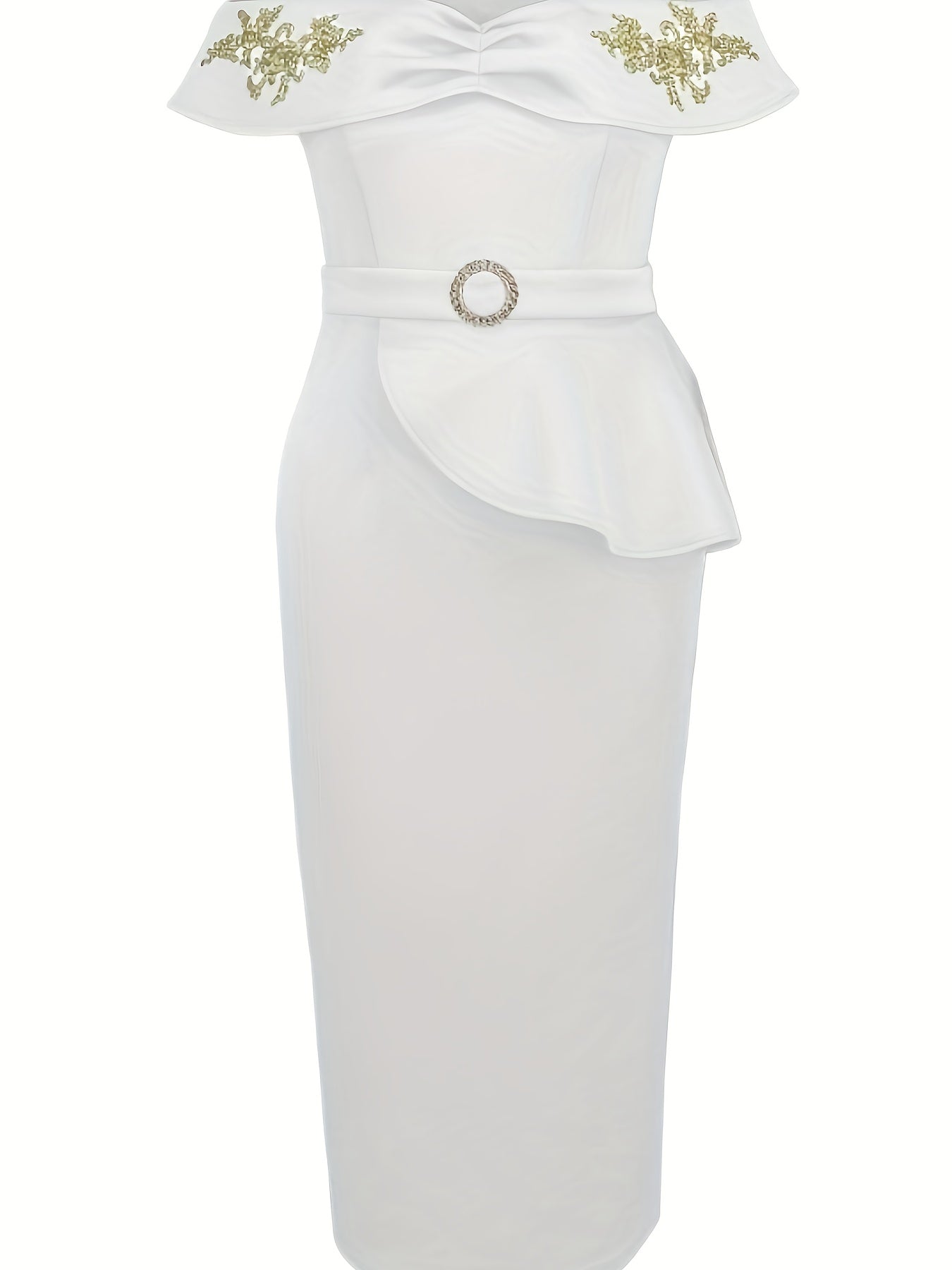 Women's Gold Appliqué Bodycon Evening Dress Long Sleeve Midi Party Gown