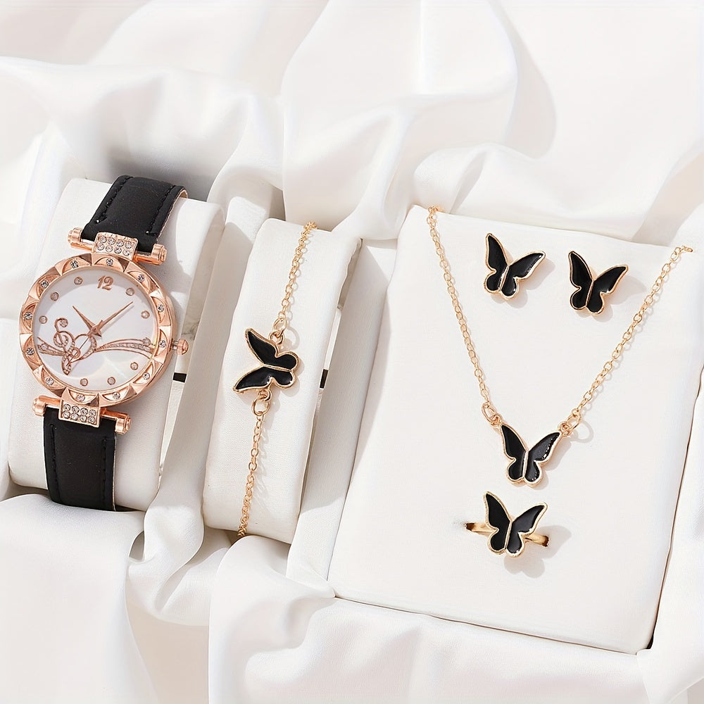 Set of 6 Women's Music Note Design Watches with Rhinestone Accents and Matching Jewelry Set