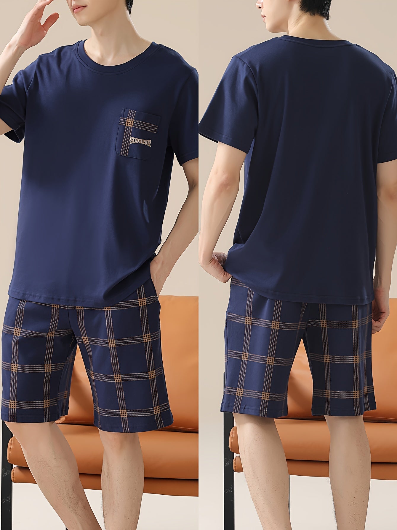 Men's Large Size 2-Piece Pajama Set Short Sleeve Plaid Cotton Loungewear