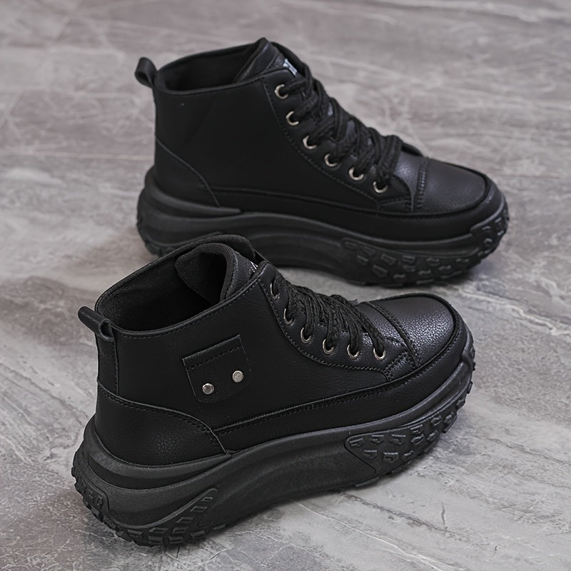 Women's Black PU Cover Platform Sneakers with Thick Sole and Zipper