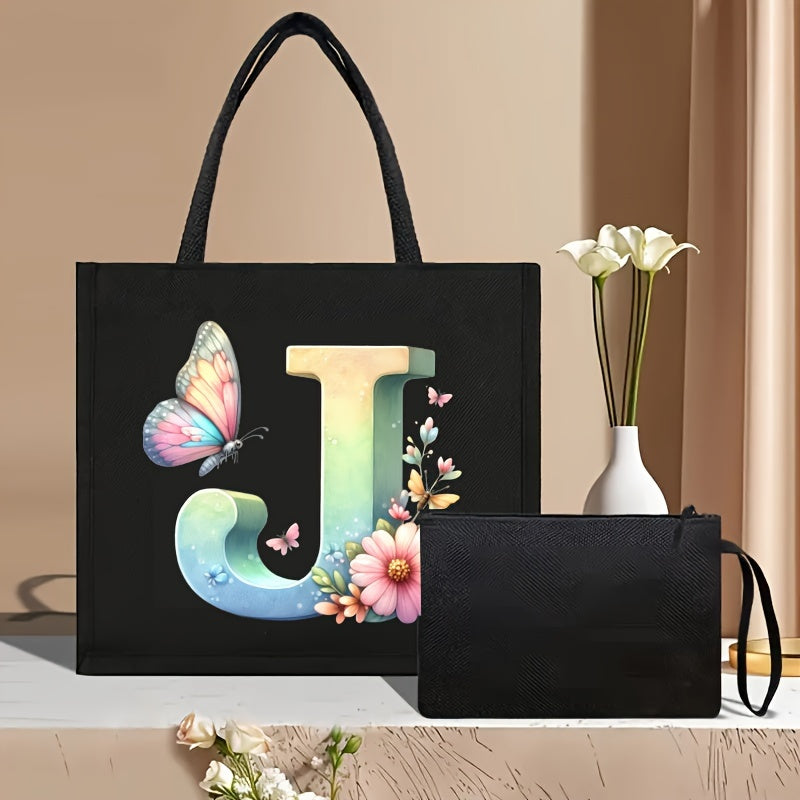 Set of 2 Floral Letter Print Canvas Tote Bags Large Handbag with Clutch Pouch